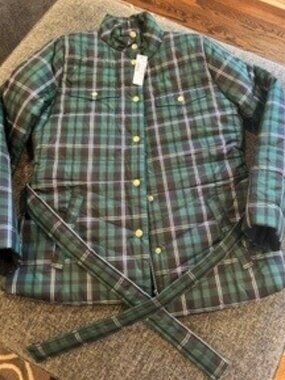 NWT J. Crew Tartan Green Plaid Belted Puffer Women's Jacket - Size S